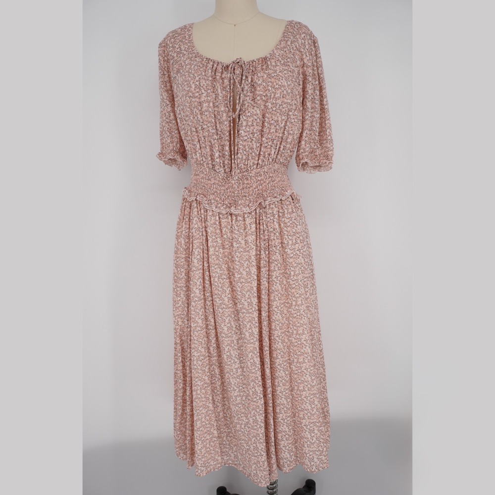 eShakti Floral Maxi Dress Womens M/L Pink Cotton Smocked Waist Cottagecore India